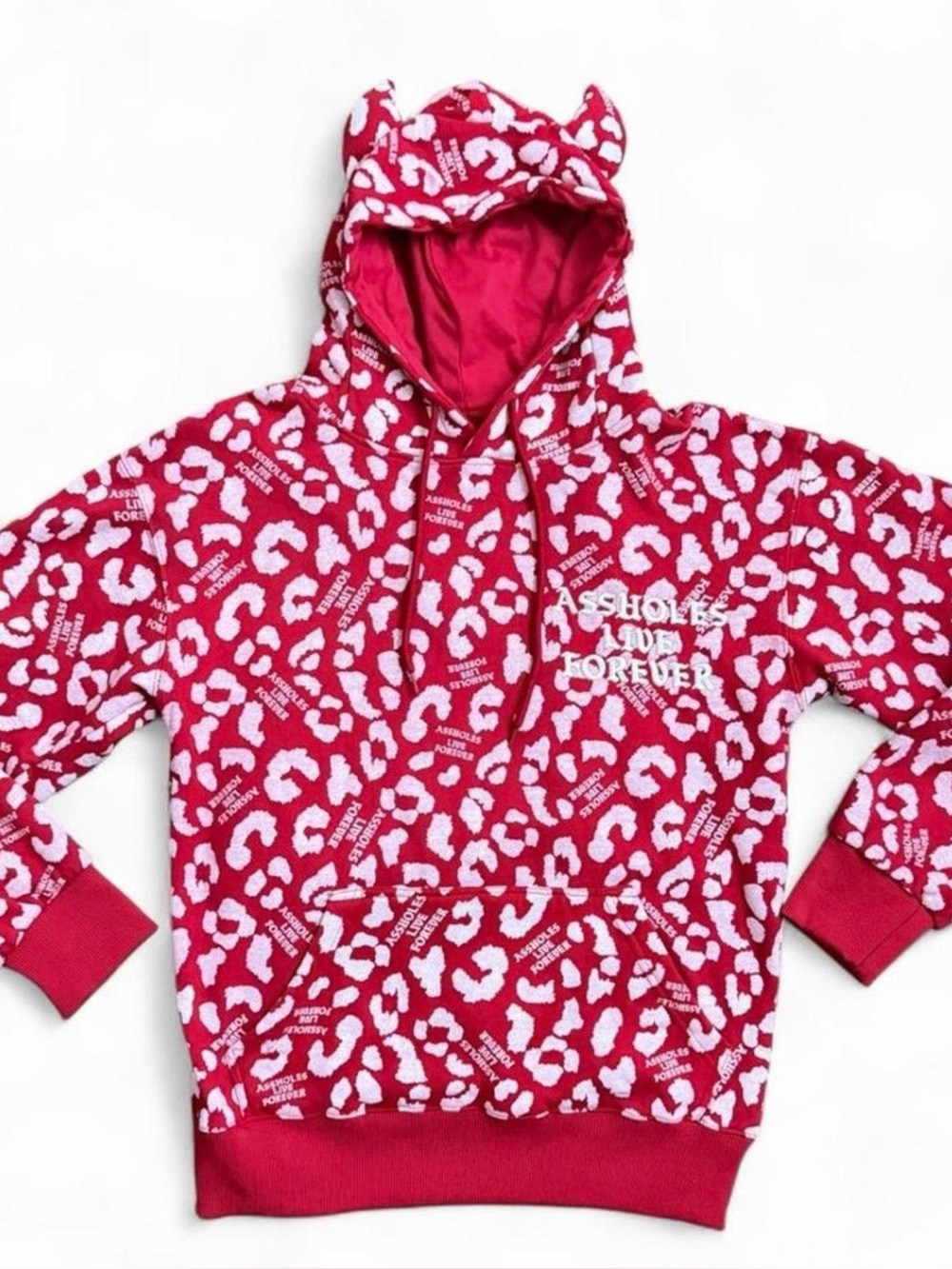 Assholes Live Forever red leopard embroidered horned hoodie